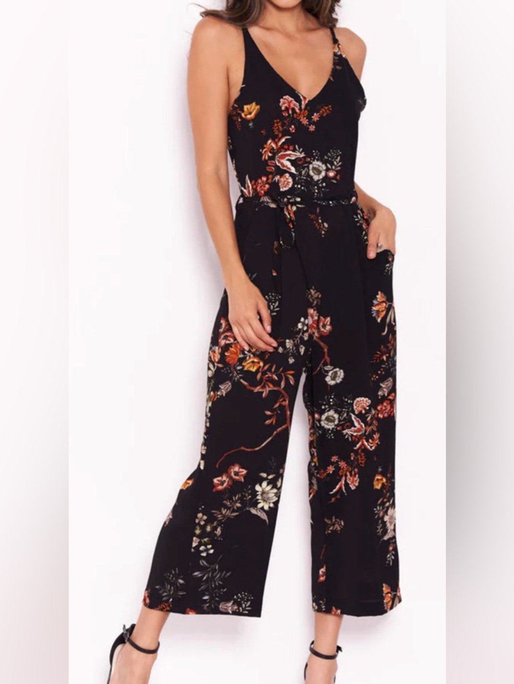 A/X Paris Floral Black Wide-Leg Jumpsuit with Pockets and Tie Waist nwt